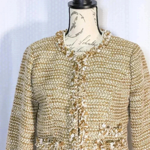 Cabi Size Small brown/white carpet fringe neck pockets gold sparkle thread lined - Picture 2 of 16